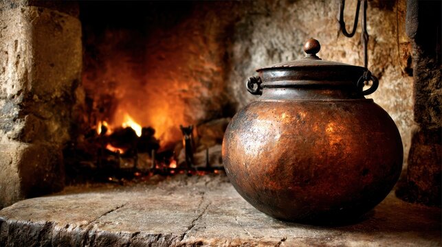 Gleaming copper cauldron sits beside a roaring fireplace