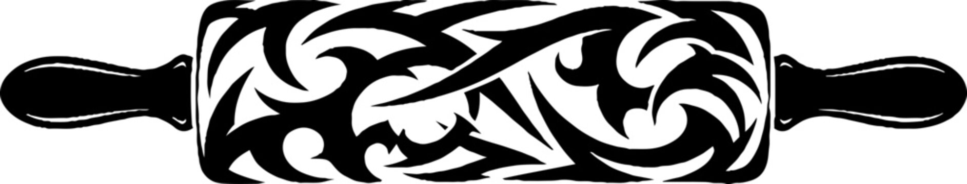 Rolling pin silhouette with intricate tribal tattoo pattern