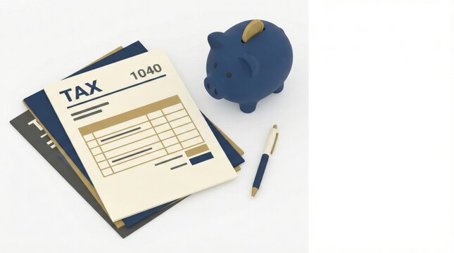 Tax return form 1040 with blue piggy bank and pen on white desk