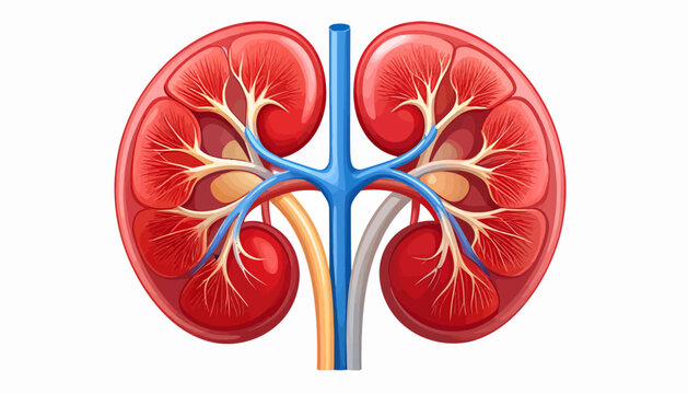 Anatomical illustration of the human kidney, highlighting its vascular system and internal structure, perfect for medical and educational contexts