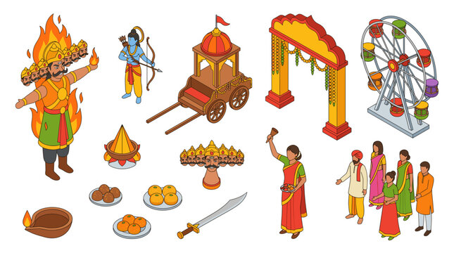 Isometric 3d dussehra vector set with burning ravana effigy, hindu god rama, chariot, ferris wheel, traditional sweets, diya and celebrating people.