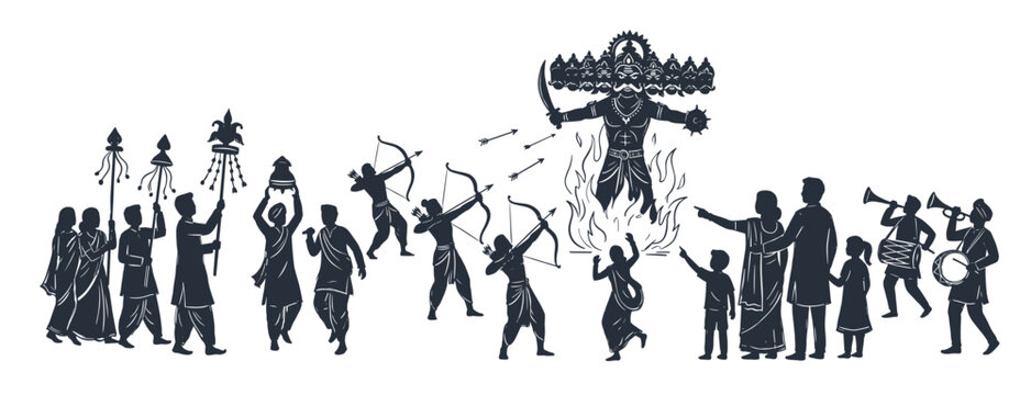 Silhouette dussehra vector illustration of people shooting arrows at ten headed demon king effigy with musicians and festival india celebration.