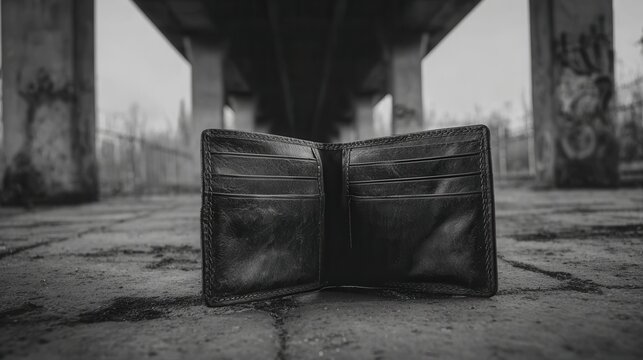 A worn black leather bifold wallet, empty and open, resting on textured ground beneath an urban bridge structure