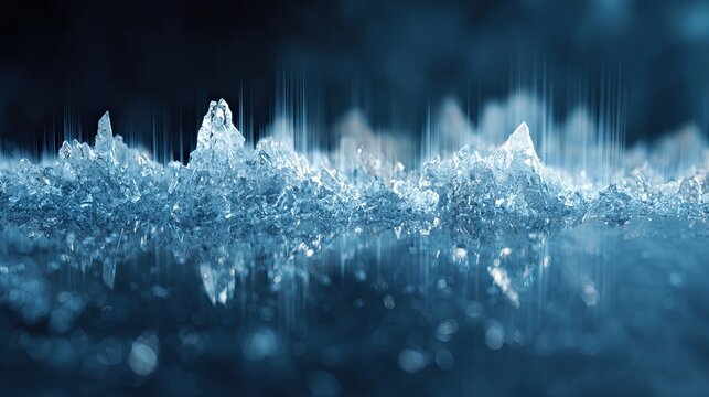 Close-up image of icy frost crystals with a sharp, spiked texture and a cool blue hue.