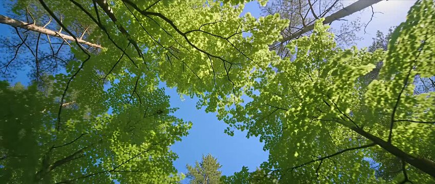 Looking up green tree canopy blue sky forest perspective with peaceful nature background and spring woodland scene, fresh leaf pattern above viewer glow sunlight through foliage, tranquil outdoor