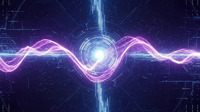 A glowing digital wave pulses through a complex abstract technological background