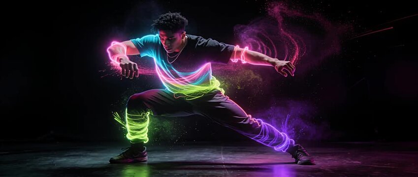 Neon glowing dancer dark background energy motion performance art freedom style color light trail night creativity urban youth expression modern future fantasy hip hop street dance vibrant modern