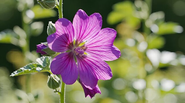 Closeup of a vibrant purple mallow flower blooming in a garden.