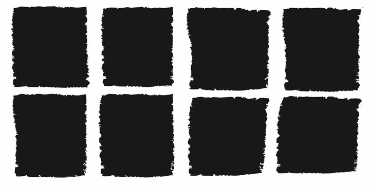 black rectangle shapes a grid of rough edged forms on white
