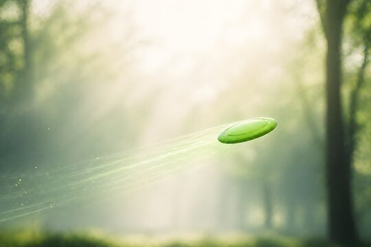 Green frisbee flying through sunlit forest