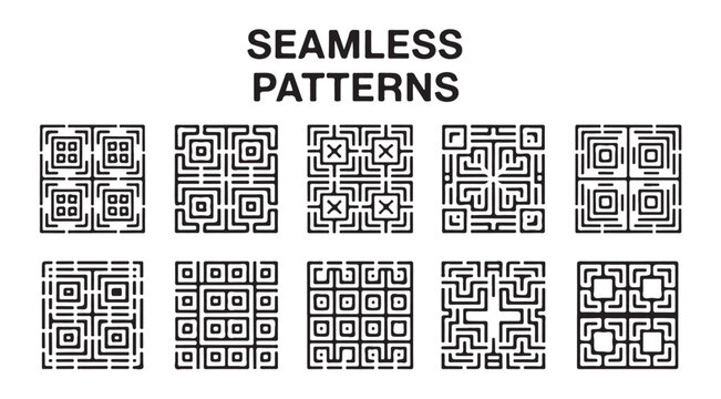 Tribal style seamless patterns featuring square maze layouts with intricate line detailing.