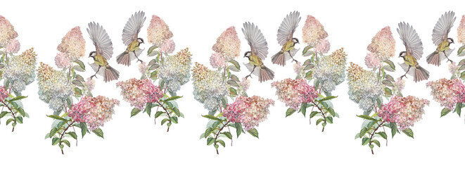 Watercolor seamless border with bouquet hydrangea and titmouse on white background. Pink botany flower and bird for Women day 8 march. Celebration wedding. Spring summer rim for wallpaper or wrapping © NatashaKun