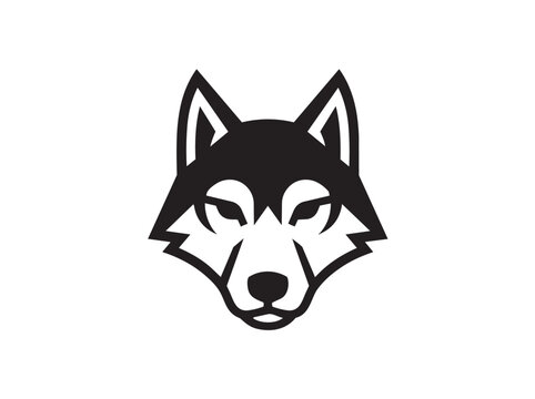 Minimalist wolf head logo vector, stylized husky or malamute dog face icon, black and white geometric animal mascot for sports branding and identity