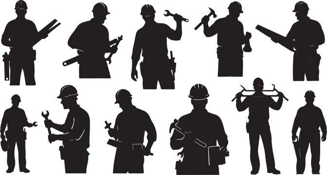 Silhouettes of construction workers with various tools