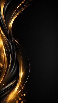 Luxury Black and Gold Abstract Background with Elegant Glowing Waves,黒とゴールドの流線が輝く高級感あふれるラグジュアリー背景素材