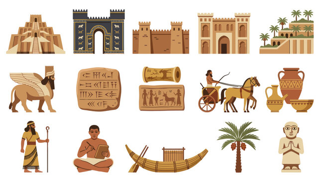 Ancient Mesopotamian Culture - Ziggurat, Lamassu, Cuneiform, Chariot, Palm Tree