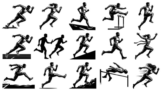Dynamic Track and Field Athletics Sports Runners, Jumpers, Hurdlers Black  White Vector Illustration