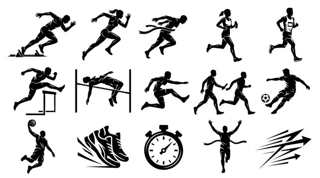 Black  White Sports Silhouettes: Runners, Hurdler, High Jumper, Basketball, Soccer, Stopwatch, Arrows