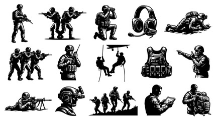 Naklejka premium Black and White Vector Icons of Military Soldiers, Gear, and Equipment