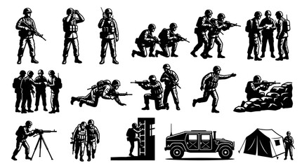 Naklejka premium Black and White Soldier Icon Set, Military Vector Art Collection