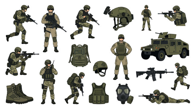 Military Soldiers and Equipment Vector Assets - Action Poses