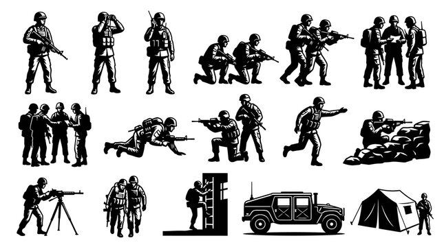 Black and White Soldier Icon Set, Military Vector Art Collection