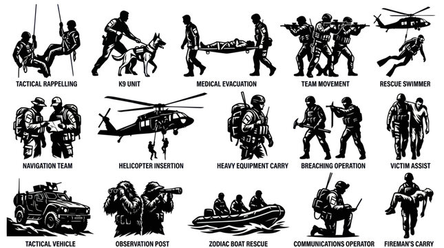 Military Special Forces Operations Set: Black  White Vector Icons