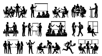 Obraz premium Business Meeting Silhouettes: Teamwork, Presentation, Collaboration, Office