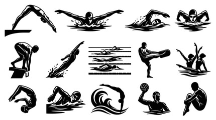 Obraz premium Swimming Icons: Black and White Vector Graphics for Sports and Fitness
