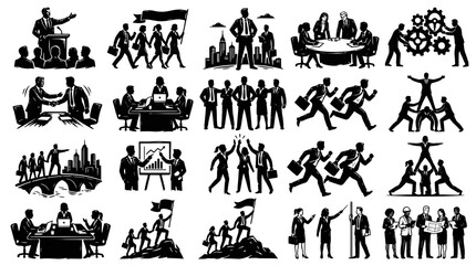Fototapeta premium Black White Business Teamwork Silhouettes: Corporate Leadership, Meeting, Growth Success Vector Icons