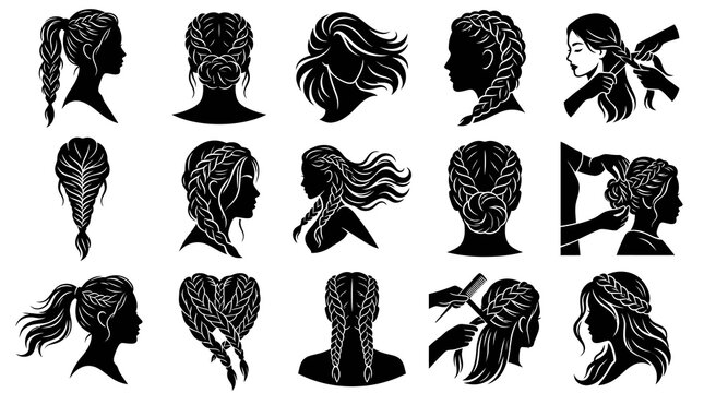 Beauty and Hairstyling Vector Silhouettes: Women's Braids, Ponytails, and Updos in Black  White