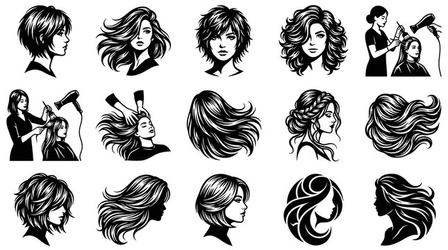 Black and White Vector Icons of Hairstyles and Hairdressing Salon Services