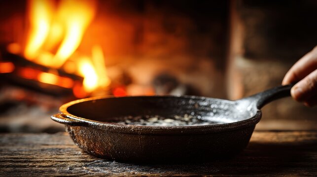Rusty Cast Iron Skillet Sizzling Over Fiery Hearth