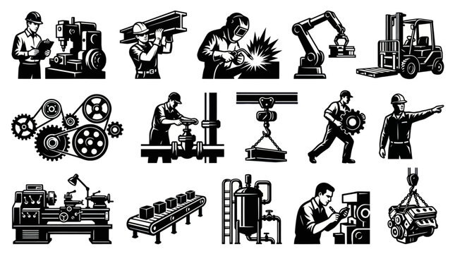 Black and White Industrial Icons: Workers, Machinery, and Manufacturing Processes