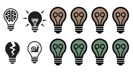 Colorful conceptual light bulb icons featuring brain snail and broken glass graphic symbols. © MDIKRAM
