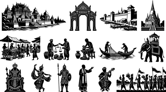 Black  White Asian Culture and Traditions Vector Icon Set