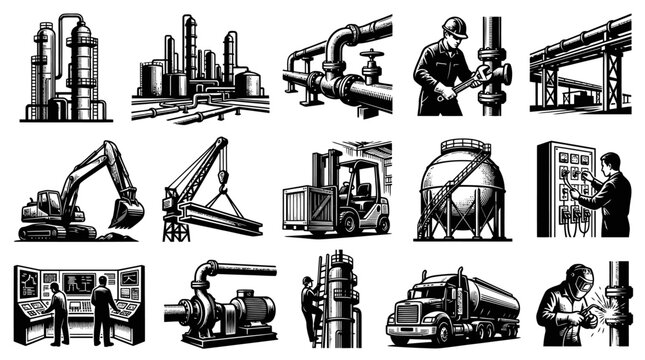 Heavy Industry  Construction Elements Vector Set: Factories, Machinery, Workers, Pipelines. Black  White Line Art