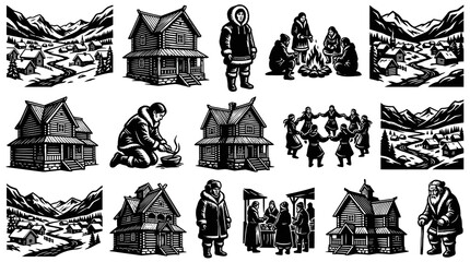 Naklejka premium Traditional Northern Culture Slavic Village Life Scenes. Black White Engraving Woodcut Style Illustrations.