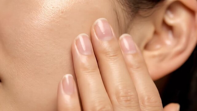 Skin acne blemishes on a woman's face being touched for dermatology care examination