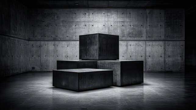 Stacked rough concrete blocks with industrial texture against a concrete wall background