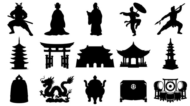 Traditional East Asian Culture Silhouettes Vector Set: Japan, China Icons, Figures, Pagodas, Dragon  Temples