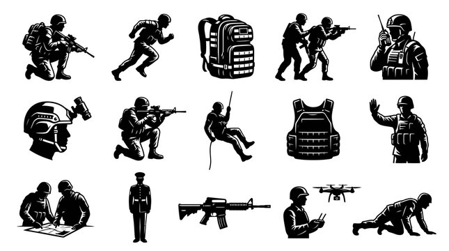 Black and White Silhouette Vector Icons Set of Military Soldiers and Tactical Gear for Army Operations