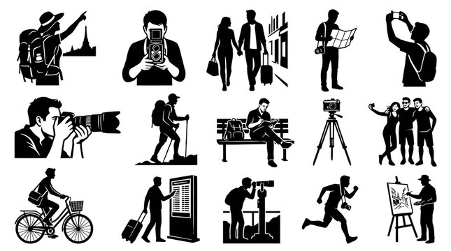 Black and white vector illustrations of travelers with cameras and backpacks