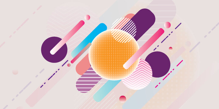 Abstract geometric background with colorful circles, capsules, and dashed lines in a modern design.