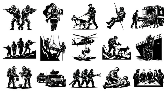 First Responders and Public Safety Workers Black  White Vector Illustrations Set