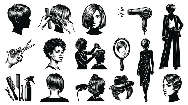 Black and White Vector Icons of Hair Salon and Beauty Industry Elements