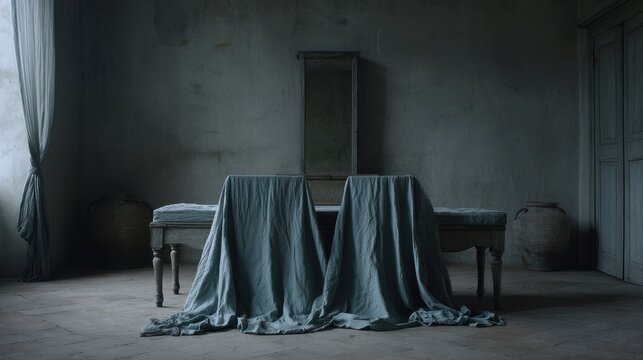Vintage draped furniture with antique cabinet in a dimly lit room