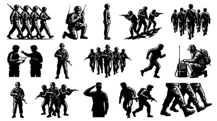 Naklejka premium Dynamic Black White Vector Silhouettes of Military Army Soldiers Troops in Various Poses