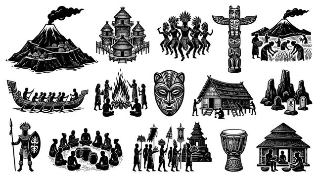 Ancient Civilizations  Indigenous Cultures Tribal Life Symbols - Black  White Engraving Style Line Art Set