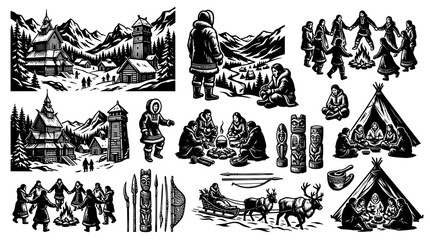 Obraz premium Indigenous Arctic Village Scene: Black and White Line Art Vector Illustration
